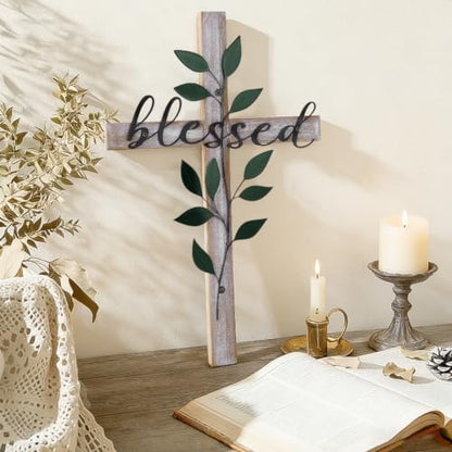 PH PandaHall Decorative Wood Cross with Black Leaf Wall Cross Art 16" H Farmhouse Crosses Christian Rustic Farmhouse Crosses Decor for Home Easter Decor Inspirational Gift for Her