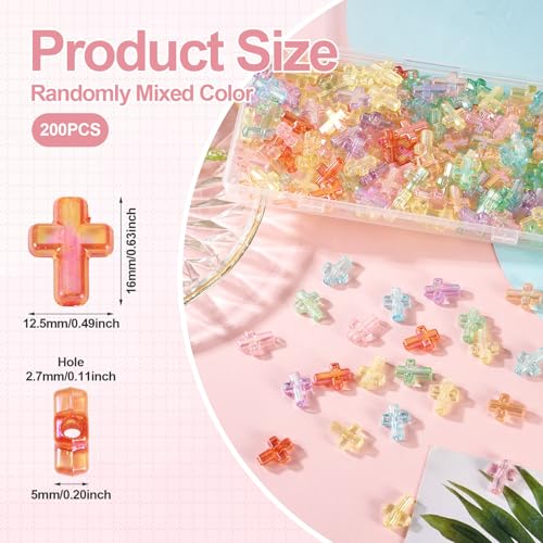 200Pcs Clear Acrylic Cross Kandi Beads AB Color Crucifix Halloween Easter Bracelet Beads for Keychain Iridescent Crafts DIY Jesus Bracelet Rosary Jewelry Making Supplies 16x12.5mm - color: Random AB Colors