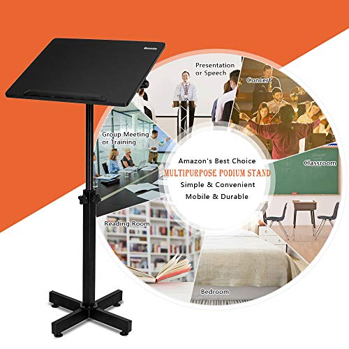 Bonnlo Classic Lectern Podium Stand, Height Adjustable Mobile Podium, Multi-Purpose Tabletop for Speech, Lecture, Church, Reading or Laptop Desk with Edge Stopper, Black - color: Black