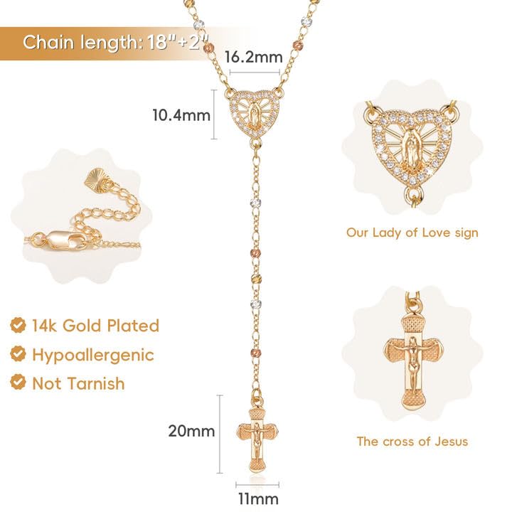 Women's Gold Virgin Mary Necklace, 14k Gold Plated Rosary Bead Cross Chain - style: Rose gold-Style 2