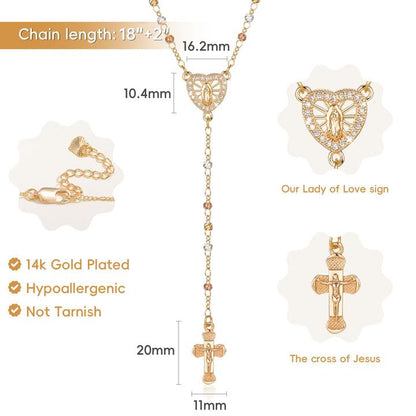 Women's Gold Virgin Mary Necklace, 14k Gold Plated Rosary Bead Cross Chain - style: Rose gold-Style 2