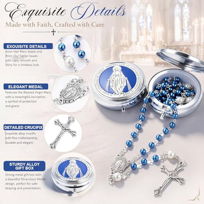 Jadive 24 sets Catholic Rosary Necklace, 6mm Glass Pearl Beads 8mm Our Father Bead Metal Gift Box for Women Men Prayer Gift - color: Blue