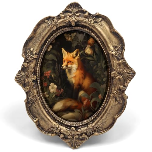 Vintage Fox Small Bronze Oval Picture Frame, Dark Floral Mini Ornate Photo Frame Baroque for Wall Art Decor TableTop Desk, Rustic Nature Fall Framed Artwork Gifts for Office Bedroom 4x5in - color: fox
