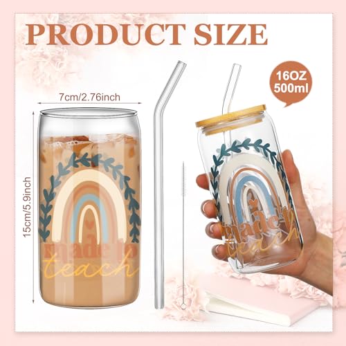 SiliFine 6 Pcs Teacher Gift Glass Cups, 16 oz with Lids and Straws - style: Teacher