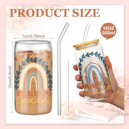 SiliFine 6 Pcs Teacher Gift Glass Cups, 16 oz with Lids and Straws - style: Teacher