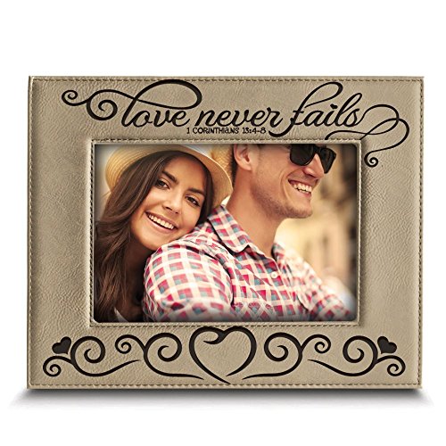 BELLA BUSTA - " Love Never Fails - 1 Corinthians 13:4-8 (Bible Verse) Engraved Leather Picture Frame (4"x 6" Horizontal) - size: 4"x 6" Horizontal
