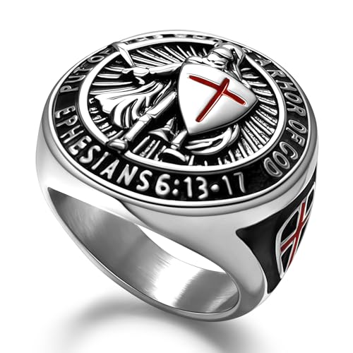 Christian Ring Knights Templar Put On The Whole Armor Of God Ephesians 6:13-17 Red Cross Design Men's Religious Catholic Ring,Biker Punk Cocktail Party 316L Stainless Steel Rings For Men Gift - color: A-Silver