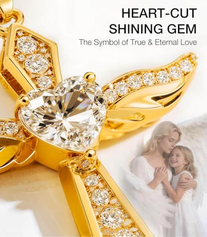 Lovans Cross Necklace for Women 925 Sterling Silver Angel Wings Pendant - color: Yellow Gold+White CZ, size: 18"+2"