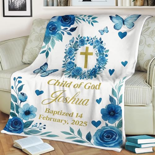 Baby Blankets for Boys Personalized, Personalized Baptism Blanket for Baby Boy Or Girl Custom Name Cross Throw Child of God Christening Gift with Date Keepsake, Blanket Baptism - color: #Ver4
