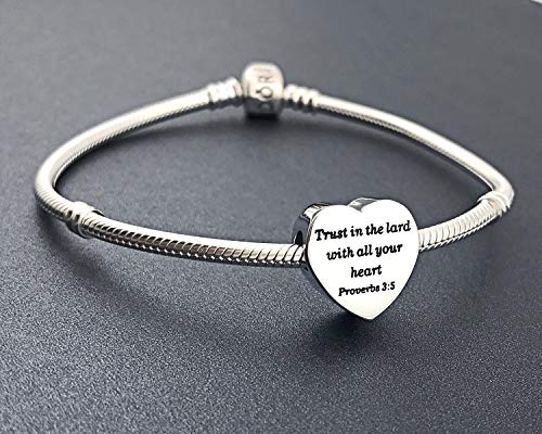 Heart Charm Fit Pandora Charms Bracelet Christian Bible Verse Charm Prayer Faith Religious Charms Gifts for Women - style: Trust in the lard with all your heart Proverbs 3:5