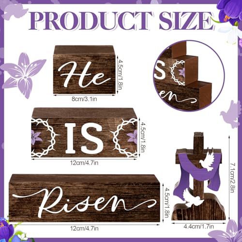 4 Pcs Easter Table Decorations He Is Risen Wooden Table Sign Religious Wood Centerpiece Easter Cross Blocks Farmhouse Tiered Tray Decor for Home Kitchen Shelf Decor (Religious) - style: Religious