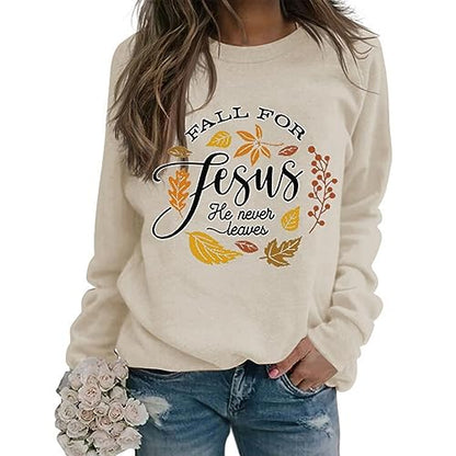 YourTops Jesus Shirt Women Fall for Jesus He Never Leaves Sweatshirt Tee Tops Fall Sweatshirt - color: 2-sand, size: Small