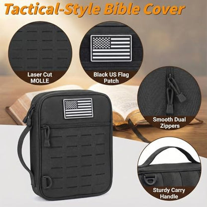 Tactical Bible Cover for Men, Large Bible Case with Shoulder Strap & US Flag Patch, Water Resistant Bible Carrier Bag with Handle, Multi Pockets for Church Study & Travel（Black） - color: Black