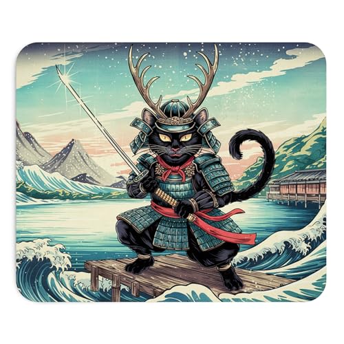 Mouse Pad Cat Samurai Illustration Japanese Funny Mouse Mat Base Rubber Non-Slip Mat Office Laptop Desk Original Gift Cats - color: Japanese