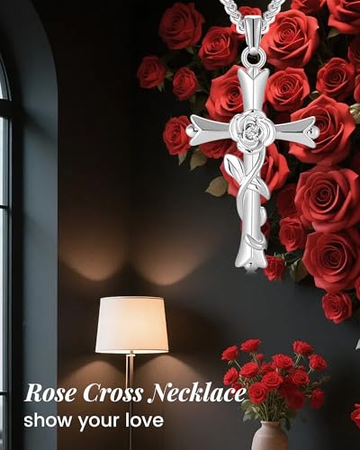 ACECHA Silver Cross Necklace for Women, Crosses Pendant with Birthflower - color: Z Rose-Romantic