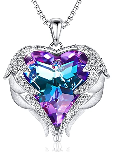 CDE Angel Wings Heart Birthstone Pendant Necklace Gift for Women - color: White-02-Amethsy Purple Birthstone