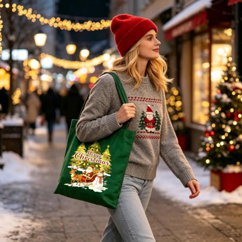 Canvas Tote Bag with Zipper, Halloween Trick or Treat Bags for Kids Bulk - color: [A0] Christmas - Green
