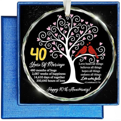 40th Wedding Anniversary Glass Ornament – Love Tree & Birds with Bible Verse – Christian 40 Year Marriage Keepsake Gift for Parents, Couples, Wife, Husband – Elegant Hanging Decoration