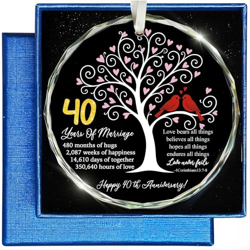 40th Wedding Anniversary Glass Ornament – Love Tree & Birds with Bible Verse – Christian 40 Year Marriage Keepsake Gift for Parents, Couples, Wife, Husband – Elegant Hanging Decoration