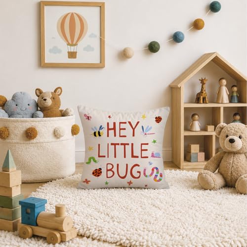 Hey Little Bug Kids Classroom Throw Pillow Cover 18x18 Inch - color: White-little Bug