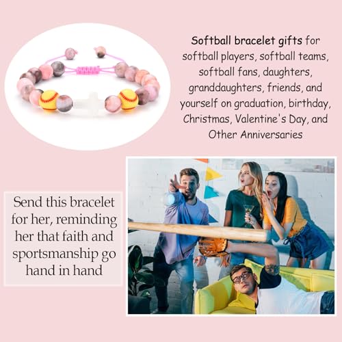 Baseball/Basketball/Soccer/Softball/Volleyball Bracelet for Girls Women- Cross Charm Beaded Bracelets, Christmas Birthday Easter Graduation Gifts for Daughter Granddaughter Niece Sister Coach - style: Softball