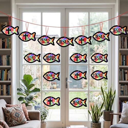 Renbuzhu 48PCS Sunday School VBS Crafts Bulk: Paper Jesus Fish Nativity Suncatchers, Religious Christian Activity DIY Kits Church Decorations, Window Stained Glass Effect Art Supplies - style: jesus fish