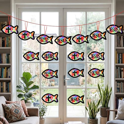 Renbuzhu 48PCS Sunday School VBS Crafts Bulk: Paper Jesus Fish Nativity Suncatchers, Religious Christian Activity DIY Kits Church Decorations, Window Stained Glass Effect Art Supplies - style: jesus fish