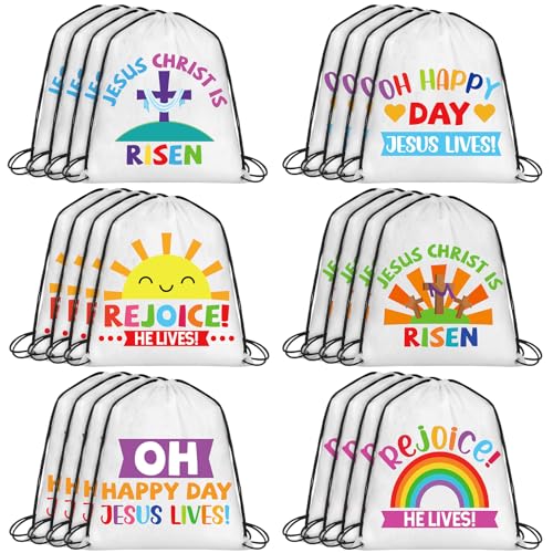 24 Pcs Christian Easter Drawstring Backpack He Lives Drawstring Religious Nativity He Is Risen Christian String Bag for Sunday School Church Classroom Prizes Party Favors Supplies Gift - style: He Lives
