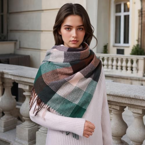 Clothirily Womens Winter Scarf, Oversized Long Blanket Plaid Shawl Wrap - color: Green Grey Lattice