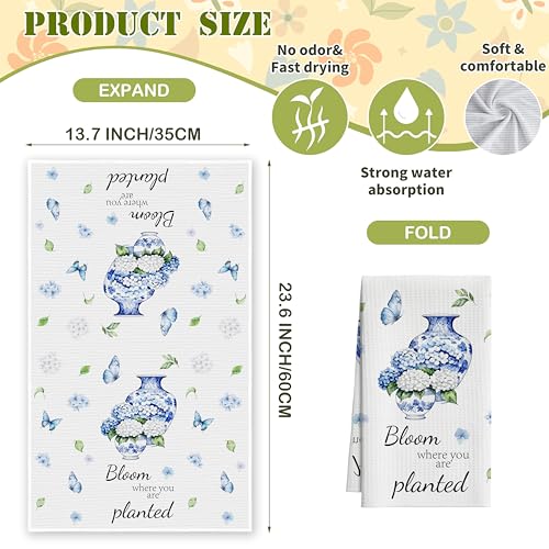 Blue Hydrangea Kitchen Towels, Blue And White Porcelain Dish Towel For Kitchen Bathroom, Chinoiserie Floral Decorative Hand Towels, Butterfly Fast Drying Tea Towel, Spring Gifts Home Decor-S14 - color: Hydrangea-02