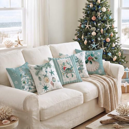 FuWeave 6 Set Christmas Pillow Cover 18 x 18 Inch Coastal Beach Nautical - style: Coastal Christmas