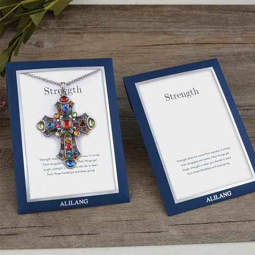 Alilang Silver Tone Stained Glass Rhinestone Patonce Cross Pendant Necklace with Religious Message Card & Envelope Christian Jewelry - style: Strength and Struggle