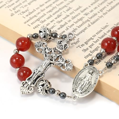Nazareth Store Genuine Rosary Stone Beads Necklace Metal Beaded Glory Beads Miraculous Medal & Silver Cross Crucifix For Men and Womens - color: Red Garnet