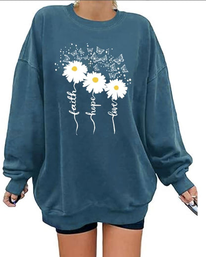 Christian Sweatshirts For Women Oversize Daisy Print Sweatshirts - color: Blue, size: Small