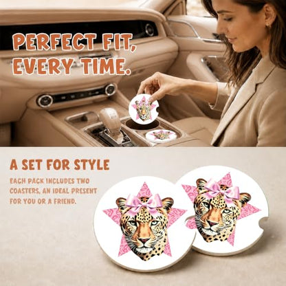 Pink Bow Car Coasters, Retro Leopard Print Coquette Cup Holders, 12 - color: Pink Bow