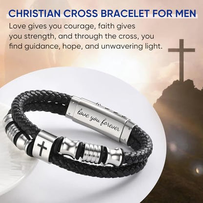 Men's Leather Cross Bracelet - Silver Double Row Braided Leather Cross Bracelet for Men with Inspirational Bible Verse Card, Faith Christian Religious Gift for Husband Son on Baptism Easter Birthday - color: Love you forever