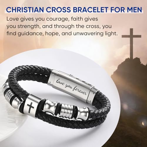 Men's Leather Cross Bracelet - Silver Double Row Braided Leather Cross Bracelet for Men with Inspirational Bible Verse Card, Faith Christian Religious Gift for Husband Son on Baptism Easter Birthday - color: Joshua 1:9