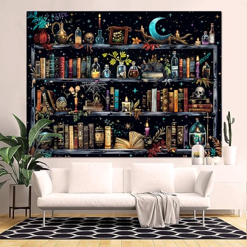 Accnicc Magic Bookshelf Tapestry Magical Witchy Potion Dark Hippie Haloween Tapestries Wall Hanging Gothic Skull Black Cat Library Book Small Tapestry for Bedroom Living Room Dorm 60 x 44 inch - color: Blue, size: 60"L x 44"W