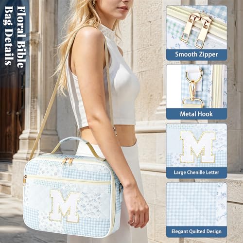 Personalized Initial Bible Cover Case for Women Bible Bag w/Study Supplies - color: Spliced Flower, size: M
