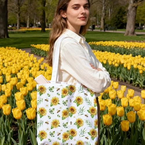 2 Pack Canvas Tote Bag with Makeup Zipper Pouch Colorful Polyester Printed Reusable Shopping Bags for Women - style: Sunflower