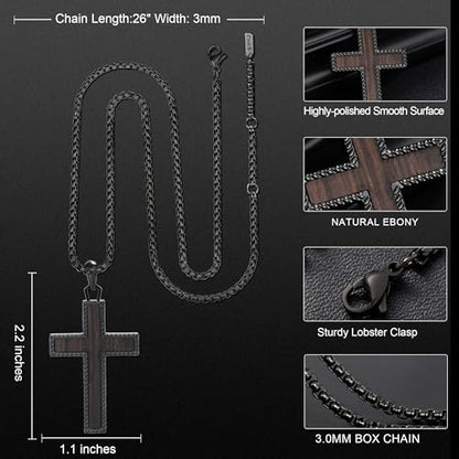 Wooden Cross Necklace for Men With Stainless steel And Black Ebony Adjustable Box Chain 24–26 inches Suitable for Everyday Wear And Christian Gifts for Men - color: Black-E