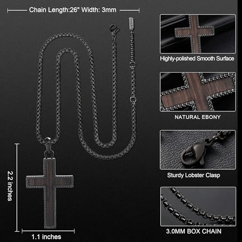 Wooden Cross Necklace for Men With Stainless steel And Black Ebony Adjustable Box Chain 24–26 inches Suitable for Everyday Wear And Christian Gifts for Men - color: Black-E