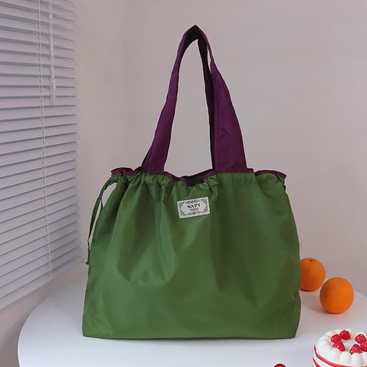 Casual Large Foldable Shopping Bag, Reusable Grocery Bags, Waterproof Portable Lightweight Tote Bag for Daily Use - color: Green Drawstring Tote, style: Modern