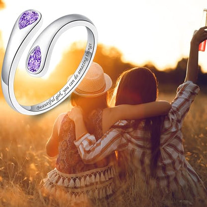 Jinlou Thumb Rings for Women - 925 Sterling Silver Birthstone Open Teardrop Encouragement Adjustable Ring Women Gifts for Teens Mom Birthday Mother's Day St Patricks Day - color: February, style: Beautiful you can do amazing things