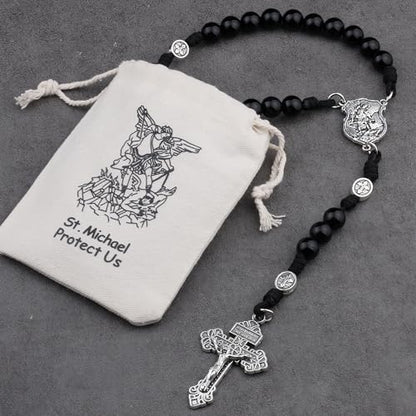 HanlinCC Stone Beads St.Michael Paracord Catholic Rosary with Bag for Men - style: Black Agate