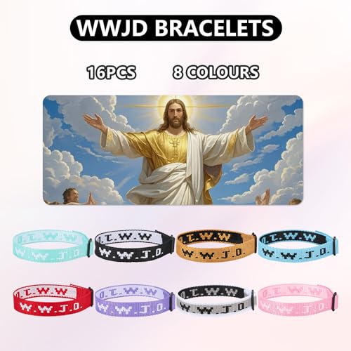 16/24Pcs WWJD Bracelet Set 8 Colors, Webbing Inspirational Bracelets, What Would Jesus Do Wristband fo Church, School
