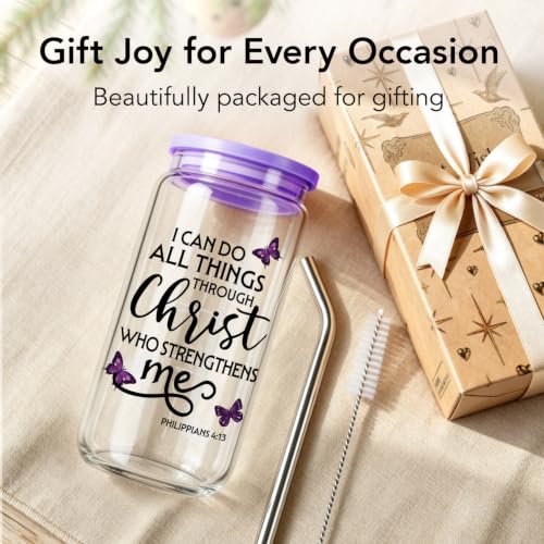 Christian Gifts for Women 16 oz Glass Cups with Lids and Straws, Purple Butterfly Cross Iced Coffee Tumbler for Home Office, Mothersday Baptism Birthday Religious Gifts for Church Friends