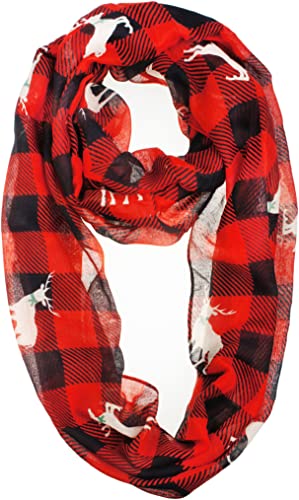 VIVIAN & VINCENT Gift Wrapped Fall Winter Soft Lightweight Holiday Sheer Infinity Christmas Scarf for Women Girls - color: Red Black Buffalo Plaid With Reindeer