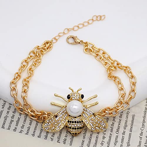 Honey Bee Brooches Crystal Insect Themed Bee Brooch Animal Fashion Shell Pearl Brooch Pin Gold Tone - color: White Pearl Chain