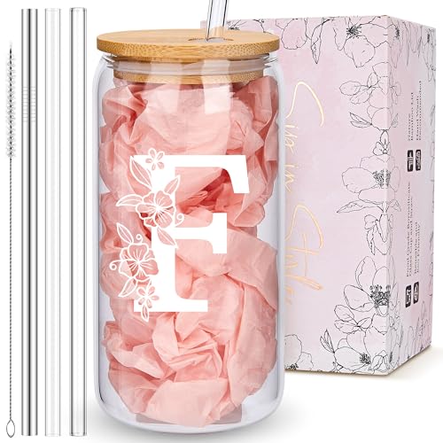 Personalized Tumbler, Monogrammed Can Glass Cups with Bamboo Lids and Straws, Customized Gifts for Women, Cute Design Initial Iced Coffee glasses, Custom Letter Mug, Birthday Bridesmaid, F - style: Monogram F